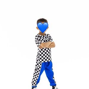 Hip-Hop Checkered Black and White Top with Blue Pants